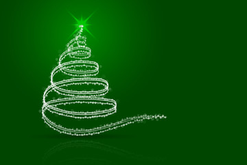 Abstract christmas tree green background. White christmas tree from lines, sparkles, dots and transparent circles on green gradient backdrop with shadow and reflection. 