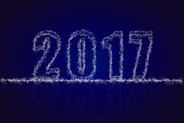 Abstract happy new year 2017 backdrop greeting card. 2017 sign consist of various sized transparent dots, bokeh, circles with beams on blue background with reflection.