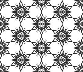 Obraz premium Monochrome geometric seamless pattern. Black and white ethnic, arabic, islam ornament. Modern repeat hexagonal tiles. Vector seamless pattern for wallpaper, fill, web page background, surface textures