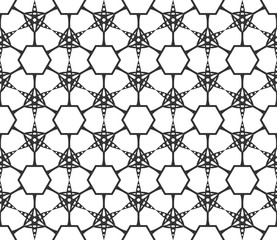 Monochrome geometric seamless pattern. Black and white ethnic, arabic, islam ornament. Modern repeat hexagonal tiles. Vector seamless pattern for wallpaper, fill, web page background, surface textures
