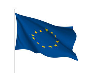 Waving flag of European union. Illustration of EU flag on flagpole with yellow stars on blue color. Vector 3d icon isolated on white background.