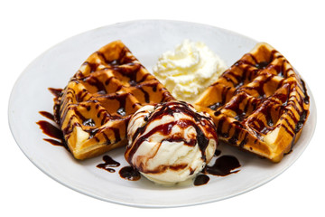 waffle with ice cream and chocolate topping