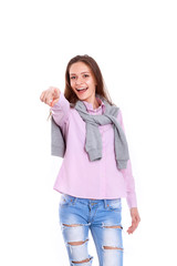 Young woman standing on the white background