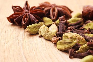 Spices cardamom anise stars and cloves