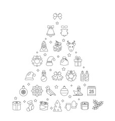 Fototapeta na wymiar Christmas Line Traditional Symbols, Simple Outline Style