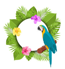 Beautiful Card with Parrot Ara, Colorful Flowers Blossom