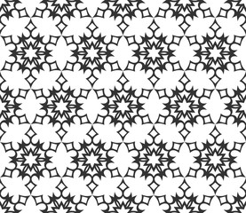 Monochrome geometric seamless pattern. Black and white ethnic, arabic, islam ornament. Modern repeat hexagonal tiles. Vector seamless pattern for wallpaper, fill, web page background, surface textures