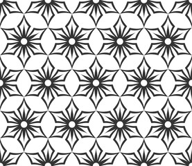 Monochrome geometric seamless pattern. Black and white ethnic, arabic, islam ornament. Modern repeat hexagonal tiles. Vector seamless pattern for wallpaper, fill, web page background, surface textures