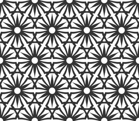 Monochrome geometric seamless pattern. Black and white ethnic, arabic, islam ornament. Modern repeat hexagonal tiles. Vector seamless pattern for wallpaper, fill, web page background, surface textures