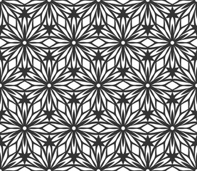 Monochrome geometric seamless pattern. Black and white ethnic, arabic, islam ornament. Modern repeat hexagonal tiles. Vector seamless pattern for wallpaper, fill, web page background, surface textures