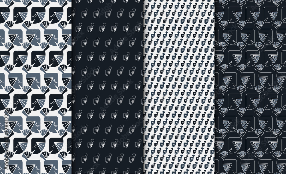 Poster set of patterns with geometric fish motif. linear minimalistic background set. 4 repeating textures.