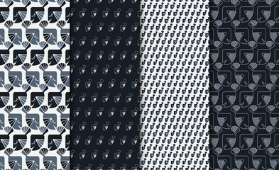 Set of patterns with geometric fish motif. Linear minimalistic background set. 4 repeating textures.