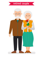 Retired couple. Flat vector cartoon character design. Elderly couple smiling happily, the man gave the woman a rose on a date. Illustration on white background.
