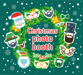 Christmas Santa and deer photo booth vector props and decoration. Flat illustration