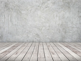 Room perspective,grunge grey concrete wall and wooden plank grou