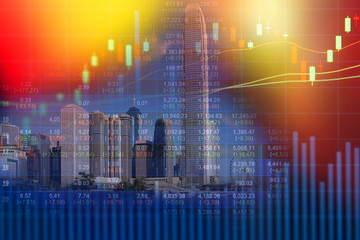 Plakat Double exposure of stocks market chart concept with city scape hong kong background
