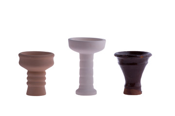 hookah bowl for tobacco shisha pottery, three ceramic products, brown, beige and dark brown ceramic vessel standing in a row, three clay vessels