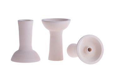 hookah bowl for tobacco shisha three pottery with long legs, three white clay products, one vessel stands right and second reversed and third lays