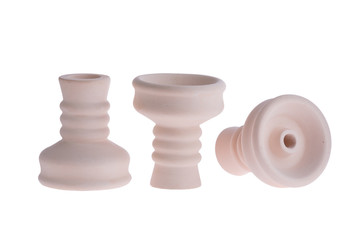 hookah bowl for tobacco shisha three figured pottery, three ceramic products, clay bowls arranged in a row, three beige vessels with curly legs
