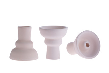 hookah bowl for tobacco shisha three figured ceramic products, three figured pottery, three clay vessels arranged in a row, three beige clay vessels with short legs