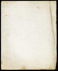 Stained lined old paper with folded corner and faded lower part