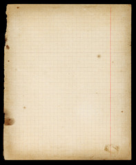 Stained old lined copybook page with margins