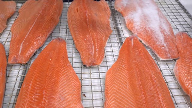 Workers Applying Salt On Salmon Fillets Lying On Table. Close Up. Dolly Shot.