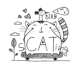 Cat and bird cute friends skateboarding outline hand drawn characters