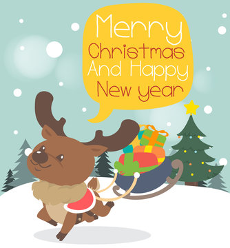Merry christmas greeting card reindeer.