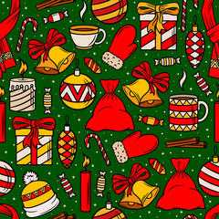 Seamless vector Christmas pattern. Christmas decorations, gifts, sweets and accessories. Print for the new year party. Vector Wallpaper the for New year and Christmas.