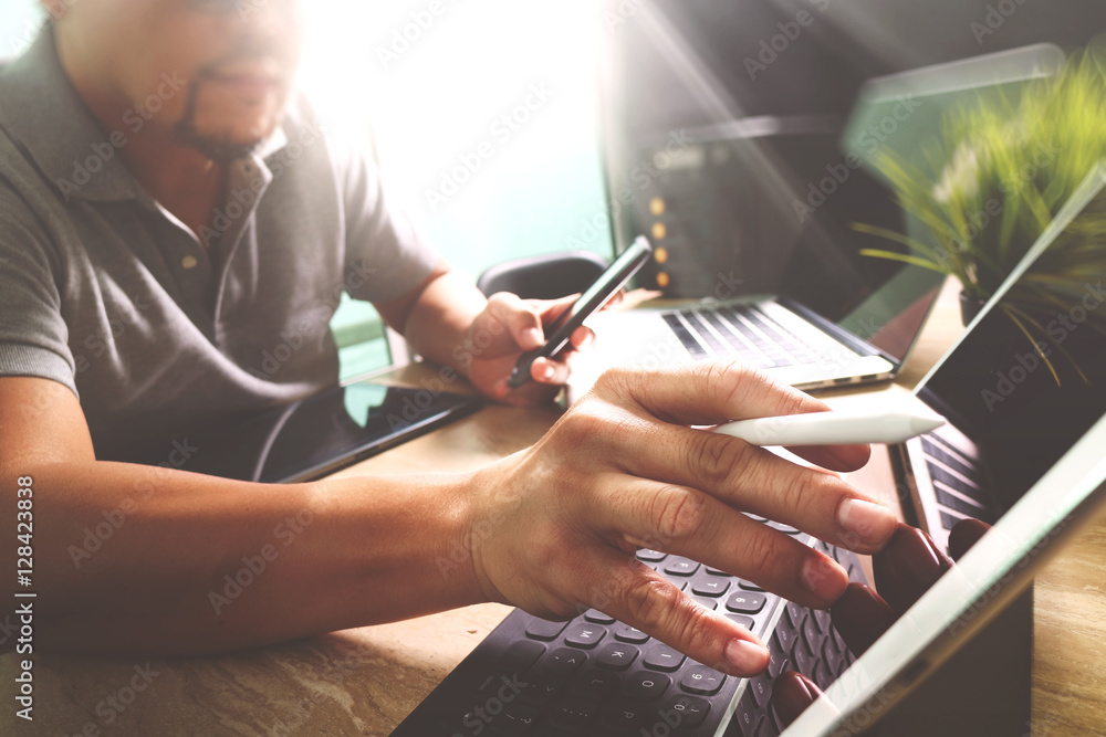 Poster Outsource Developer working on marble Desk Working Laptop Comput