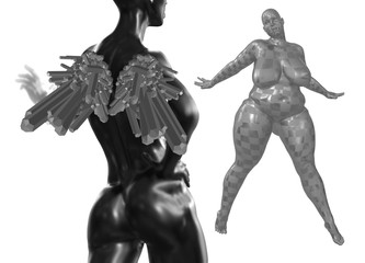 Black back Female woman torso with abstract wings on foreground and the fat woman on background. 3d rendered medical concept illustration. Obesity problems