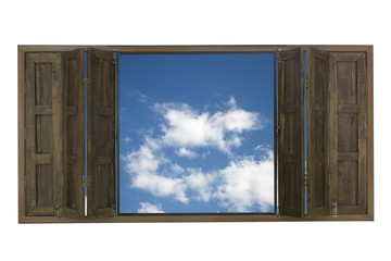 wooden window with blue sky background