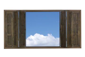 wooden window with blue sky background