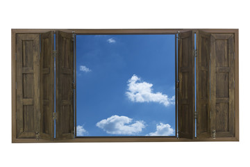 wooden window with blue sky background
