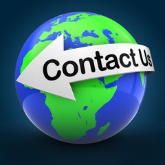 3d illustration of world globe over blue background  with contact us text on white arrow