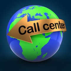 3d illustration of world globe over blue background  with call center text on golden arrow