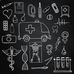 Set medical on chalk board symbols and signs hand drawn 