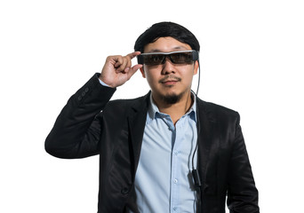 Businessman wearing smart high tech glasses and looking, busines