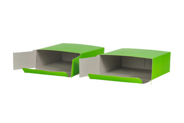 Two green Box with lid open or green paper package box isolated