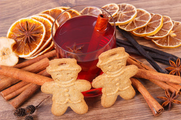 Gingerbread or Christmas cookies, glass of mulled wine and spices