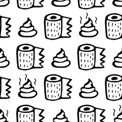 Pile of poop and a roll of toilet paper. Seamless vector pattern in a leaked sketch.
