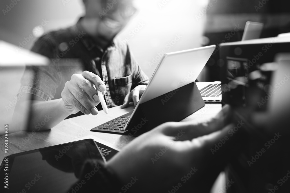 Poster Website designer working digital tablet and computer laptop with