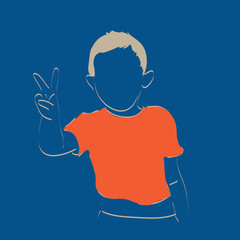 Abstract boy show two figure sign of victory | line art illustration on blue background