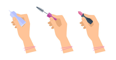 Women's hands with cosmetic accessories: lipstick, mascara brush and cream tube. Flat illustration of female hands with cosmetical tools. Vector isolated on white background design elements.