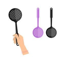 Female hand is holding black plastic skimmer. Flat illustration of kitchen and cooking utensils. Vector element for web design and inforaphics.