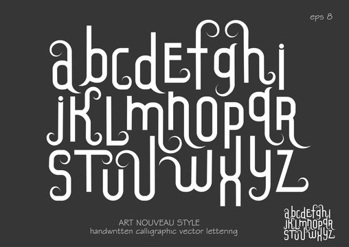 Vector alphabet set. Lowercase letters with decorative flourishes in the Art Nouveau style. White letters on black background.