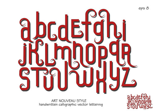 Vector alphabet set. Lowercase letters with decorative flourishes in the Art Nouveau style. Red letters on a white background.
