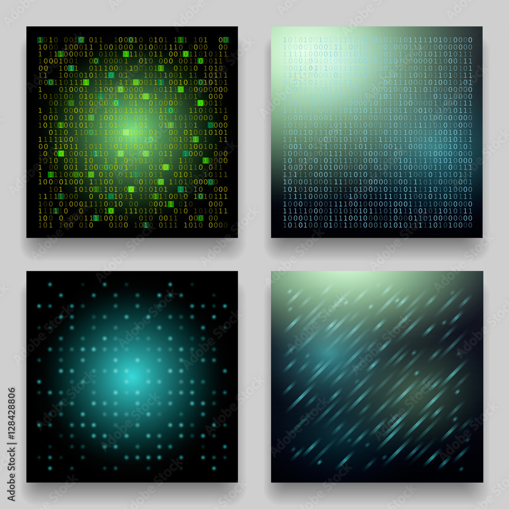 Poster vector set of four technological geometric templates for cards. dark green patterns on the theme of 