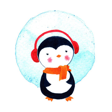 Cartoon penguin for babies and little kids. Watercolor illustration isolated on white background